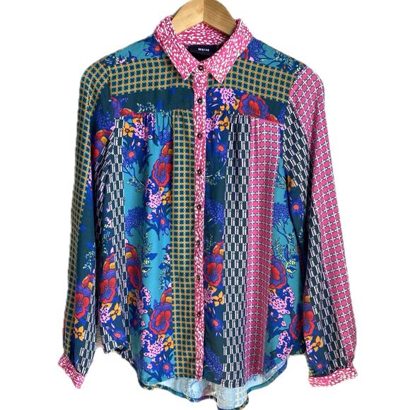MAEVE ANTHROPOLOGIE Paz Mixed Print Button Up Shirt Blouse SZ S Patchwork Artsy - Picture 7 of 12